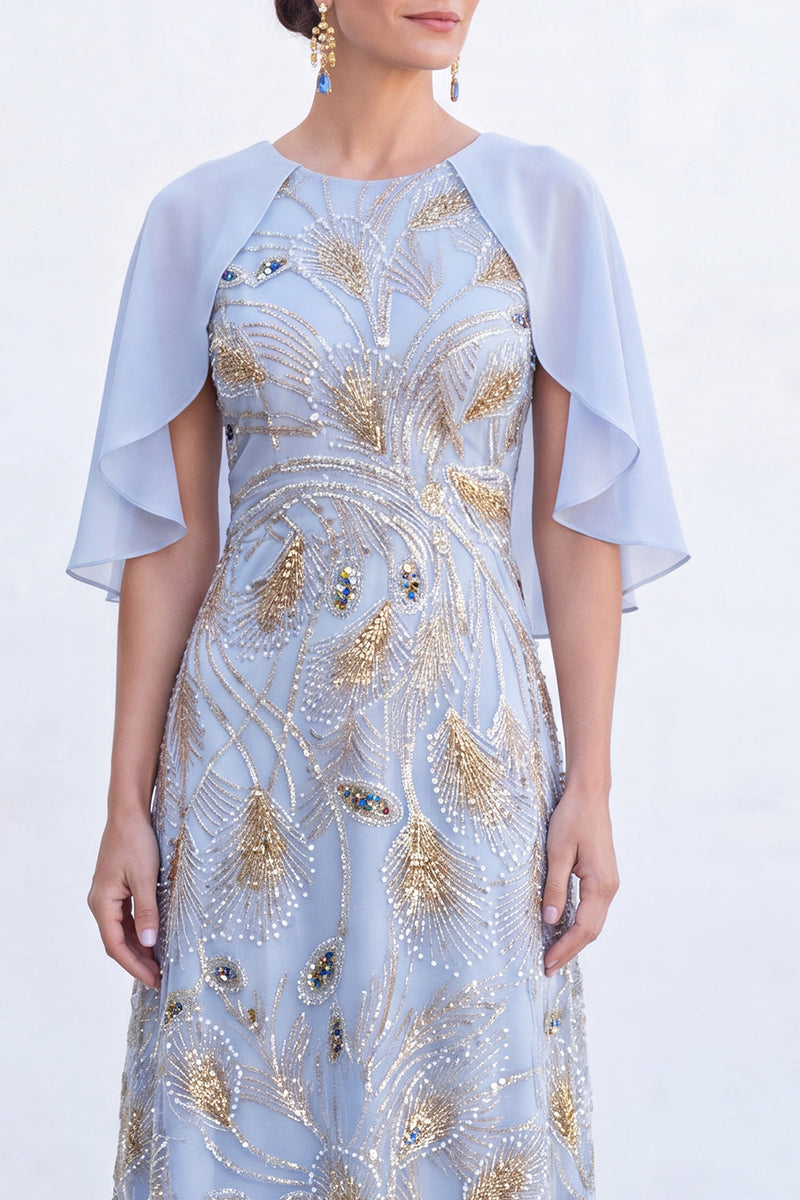 Load image into Gallery viewer, Sparkly Navy Gold Round Neck Floral Long Mother of the Bride Dress with Cape