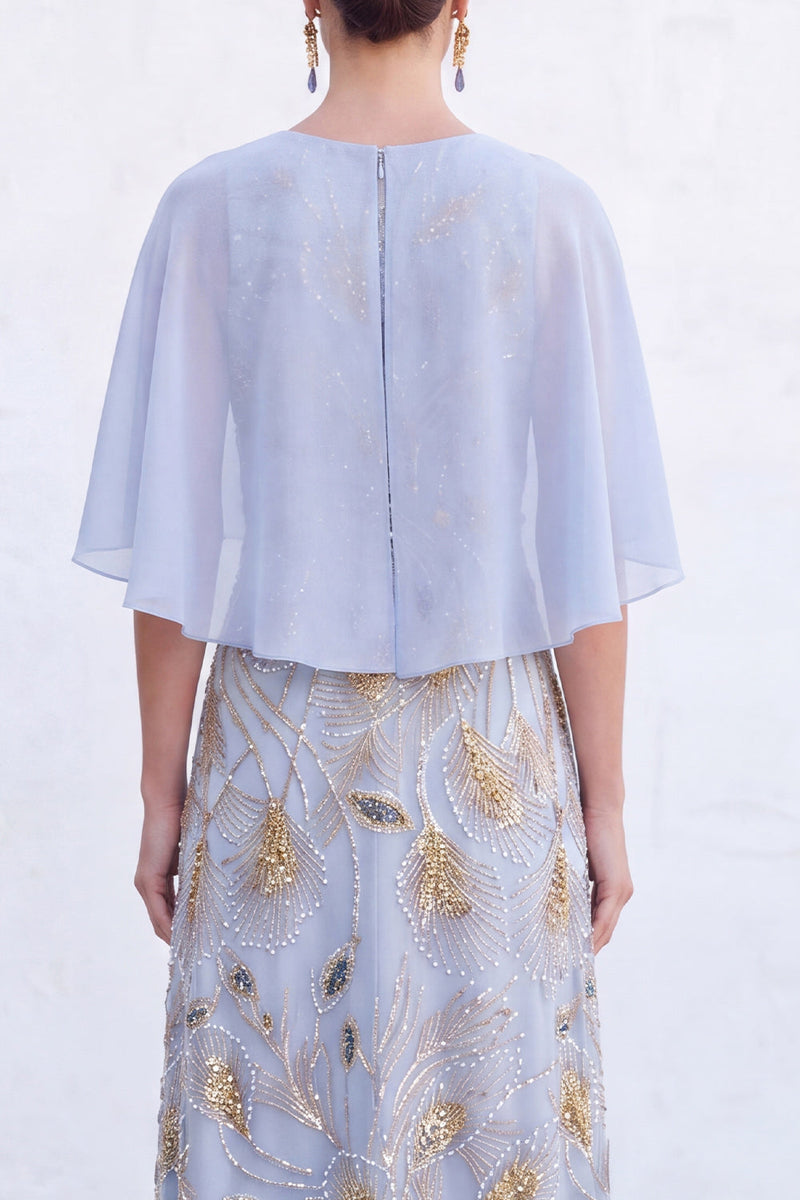 Load image into Gallery viewer, Sparkly Navy Gold Round Neck Floral Long Mother of the Bride Dress with Cape