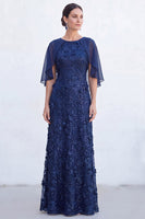 Load image into Gallery viewer, Sparkly Navy Gold Round Neck Floral Long Mother of the Bride Dress with Cape
