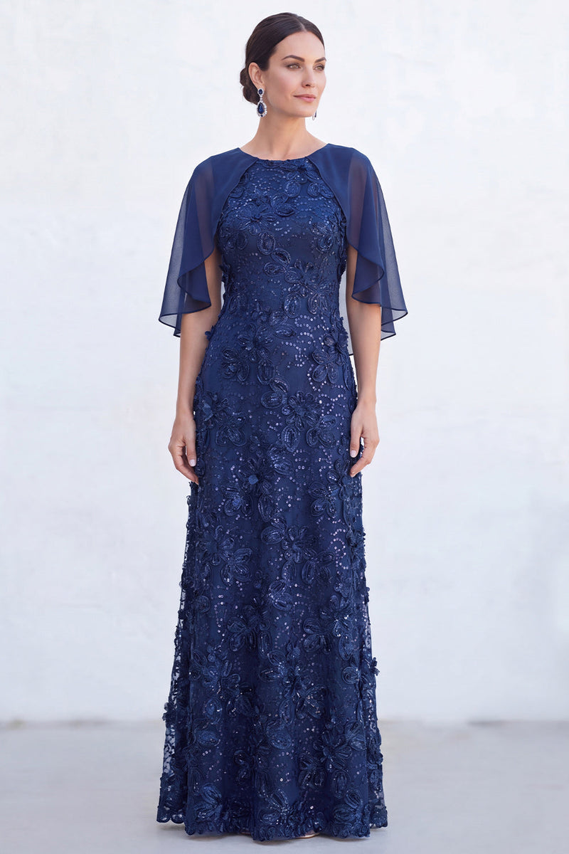 Load image into Gallery viewer, Sparkly Navy Gold Round Neck Floral Long Mother of the Bride Dress with Cape