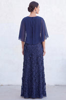 Load image into Gallery viewer, Sparkly Navy Gold Round Neck Floral Long Mother of the Bride Dress with Cape