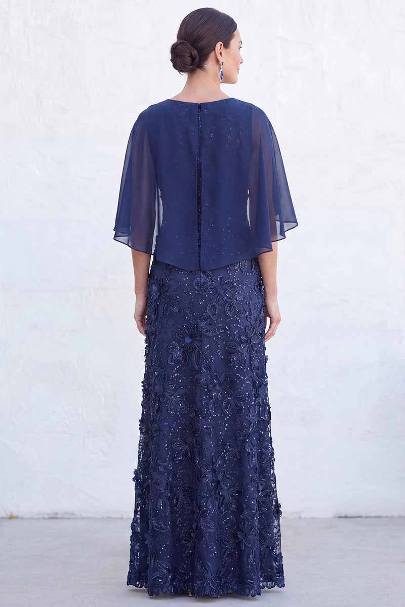 Load image into Gallery viewer, Sparkly Navy Gold Round Neck Floral Long Mother of the Bride Dress with Cape