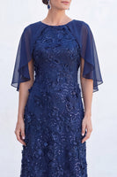 Load image into Gallery viewer, Sparkly Navy Gold Round Neck Floral Long Mother of the Bride Dress with Cape