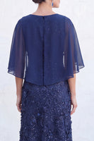 Load image into Gallery viewer, Sparkly Navy Gold Round Neck Floral Long Mother of the Bride Dress with Cape