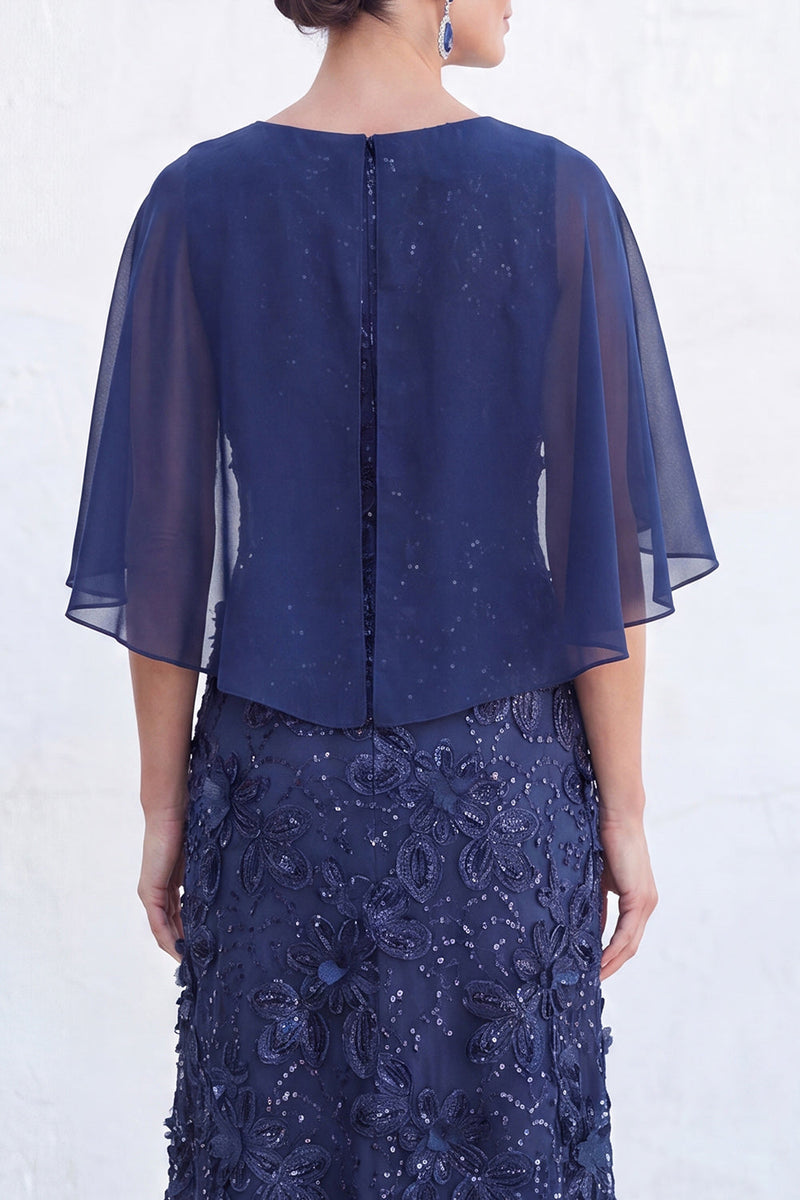 Load image into Gallery viewer, Sparkly Navy Gold Round Neck Floral Long Mother of the Bride Dress with Cape