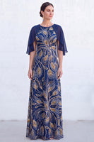 Load image into Gallery viewer, Sparkly Navy Gold Round Neck Floral Long Mother of the Bride Dress with Cape