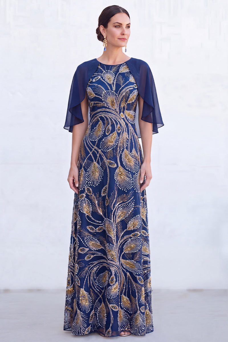 Load image into Gallery viewer, Sparkly Navy Gold Round Neck Floral Long Mother of the Bride Dress with Cape