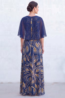 Load image into Gallery viewer, Sparkly Navy Gold Round Neck Floral Long Mother of the Bride Dress with Cape