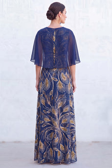 Sparkly Navy Gold Round Neck Floral Long Mother of the Bride Dress with Cape