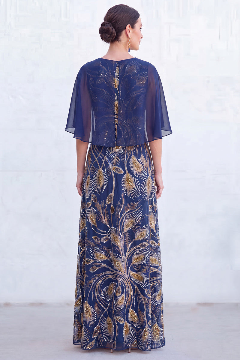 Load image into Gallery viewer, Sparkly Navy Gold Round Neck Floral Long Mother of the Bride Dress with Cape