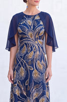 Load image into Gallery viewer, Sparkly Navy Gold Round Neck Floral Long Mother of the Bride Dress with Cape