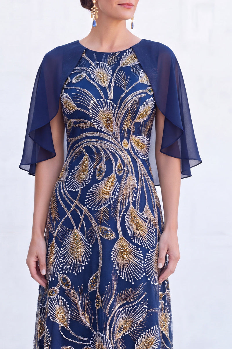 Load image into Gallery viewer, Sparkly Navy Gold Round Neck Floral Long Mother of the Bride Dress with Cape