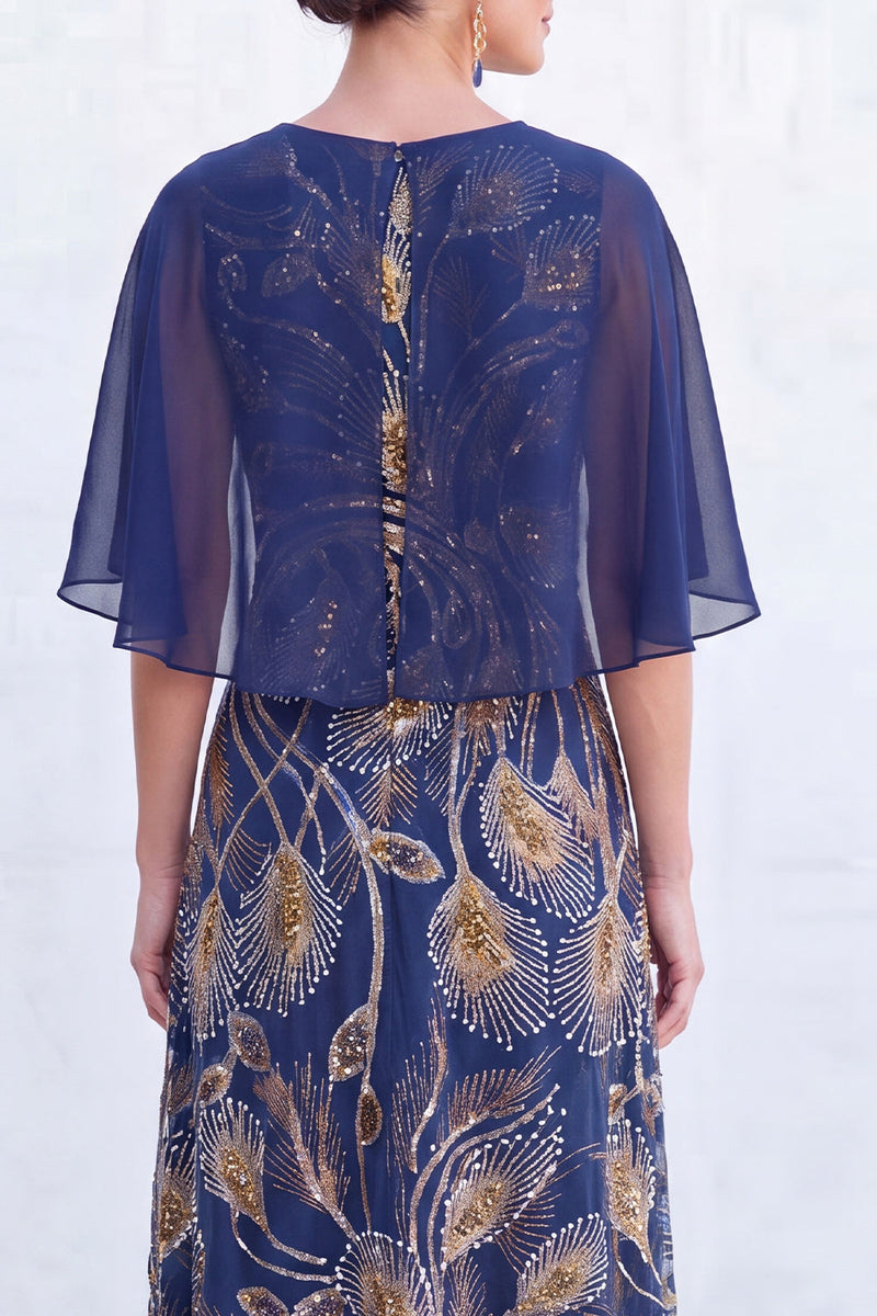 Load image into Gallery viewer, Sparkly Navy Gold Round Neck Floral Long Mother of the Bride Dress with Cape