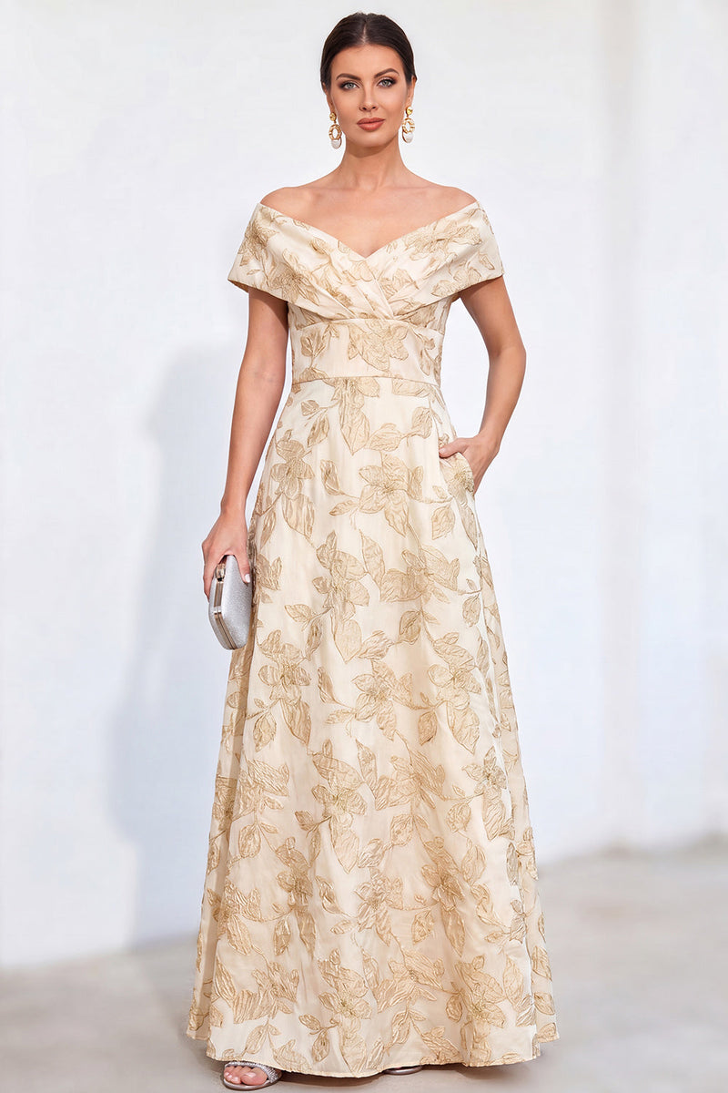 Load image into Gallery viewer, Red Off The Shoulder Jacquard Long Mother of the Bride Dress with Pockets