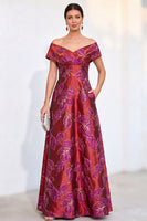 Load image into Gallery viewer, Red Off The Shoulder Jacquard Long Mother of the Bride Dress with Pockets