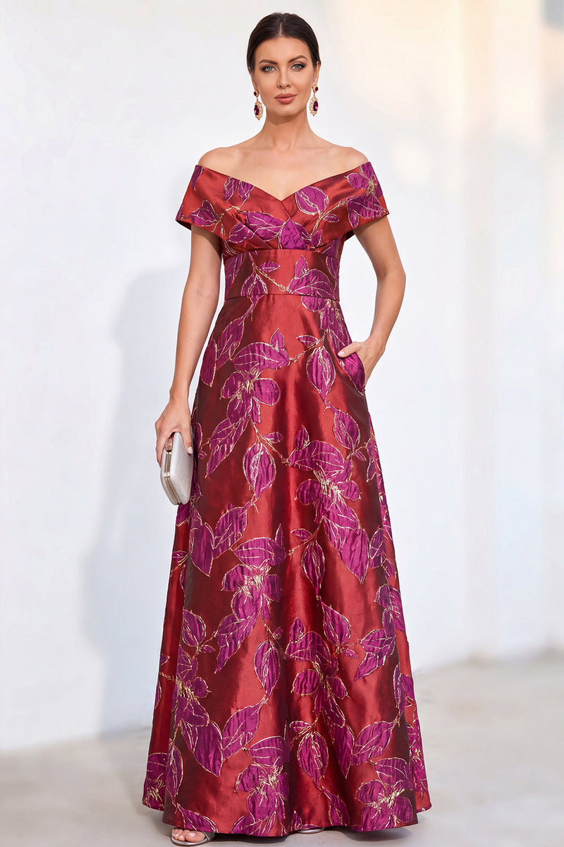 Load image into Gallery viewer, Red Off The Shoulder Jacquard Long Mother of the Bride Dress with Pockets