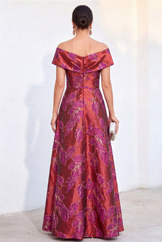 Red Off The Shoulder Jacquard Long Mother of the Bride Dress with Pockets