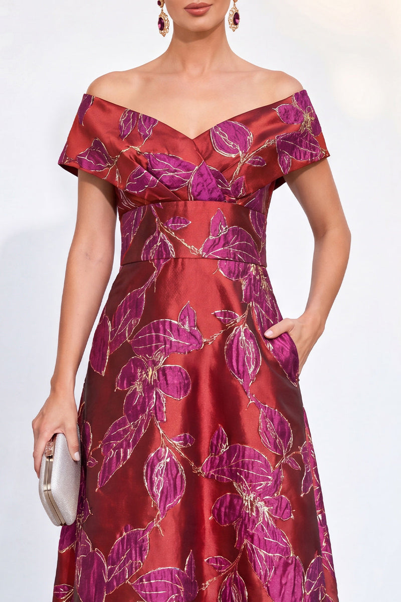 Load image into Gallery viewer, Red Off The Shoulder Jacquard Long Mother of the Bride Dress with Pockets