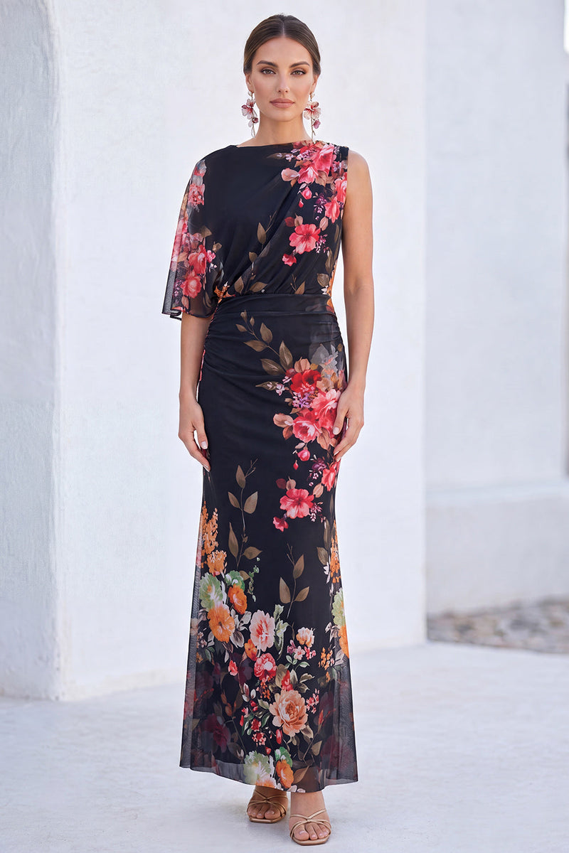Load image into Gallery viewer, Black Floral MermaidBoat Neck  Long Mother of the Bride Dress with Sleeve
