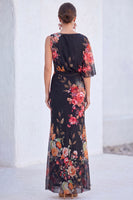 Load image into Gallery viewer, Black Floral MermaidBoat Neck  Long Mother of the Bride Dress with Sleeve