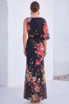 Black Floral MermaidBoat Neck  Long Mother of the Bride Dress with Sleeve