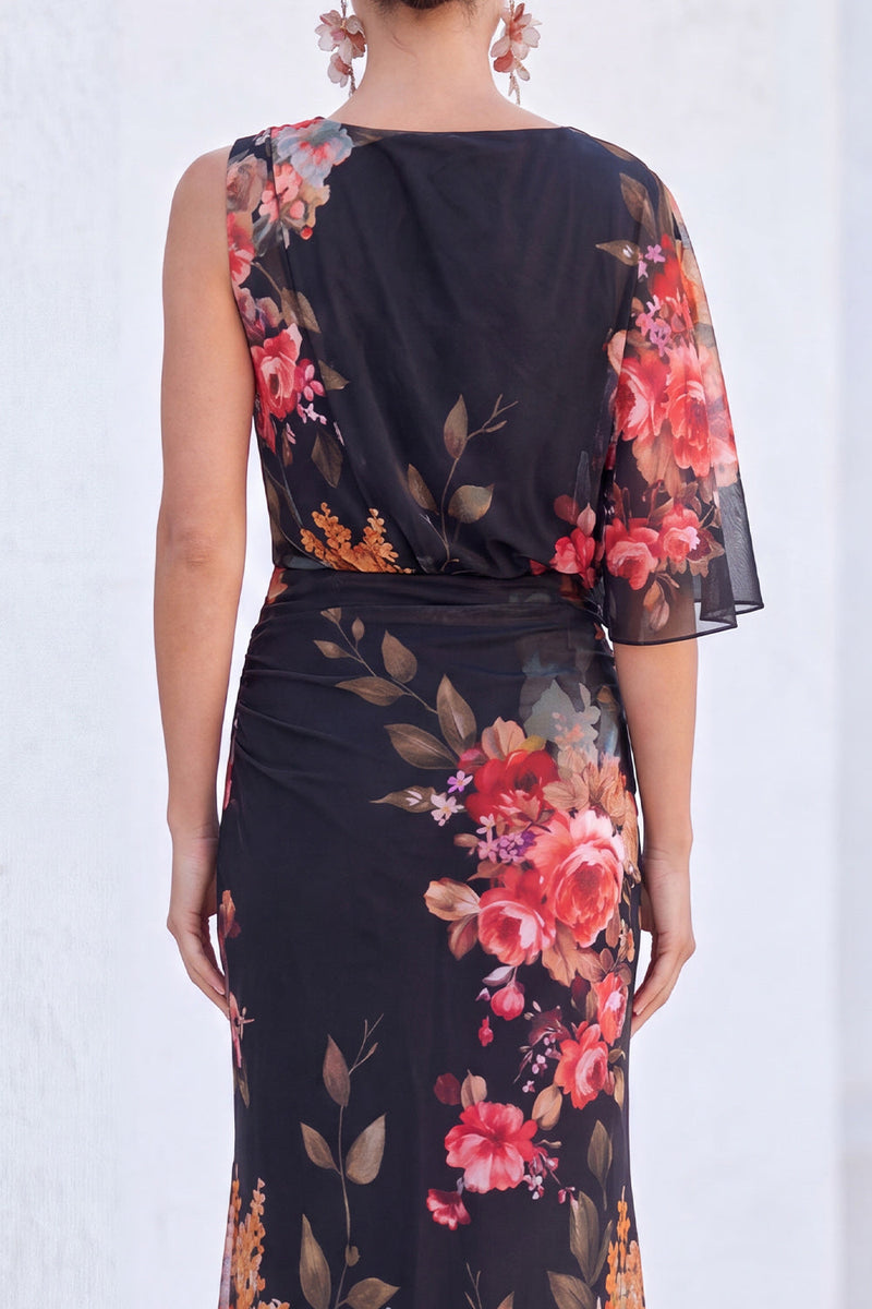 Load image into Gallery viewer, Black Floral MermaidBoat Neck  Long Mother of the Bride Dress with Sleeve