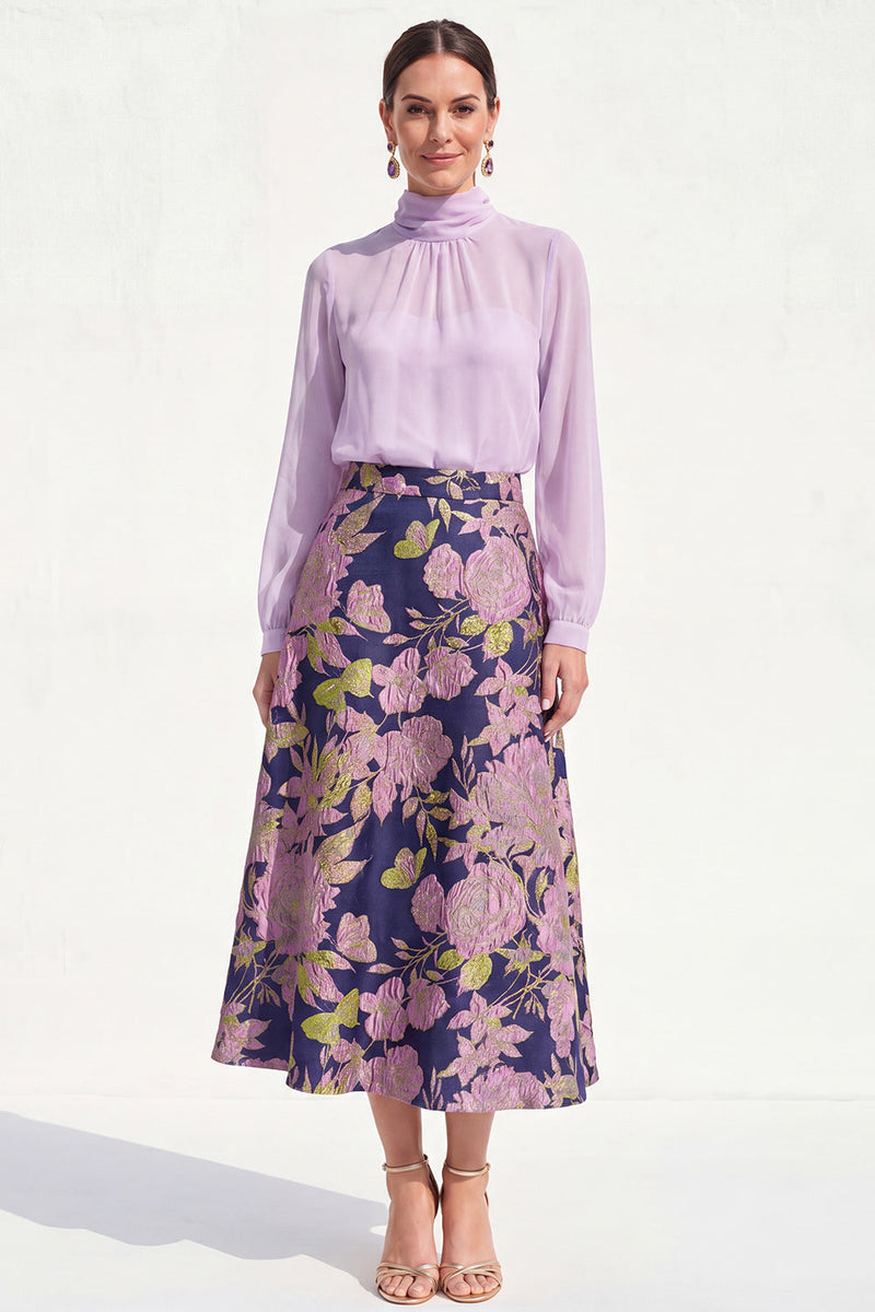 Load image into Gallery viewer, High Neck Purple Floral A Line Long Mother of the Bride Dress with Sleeves