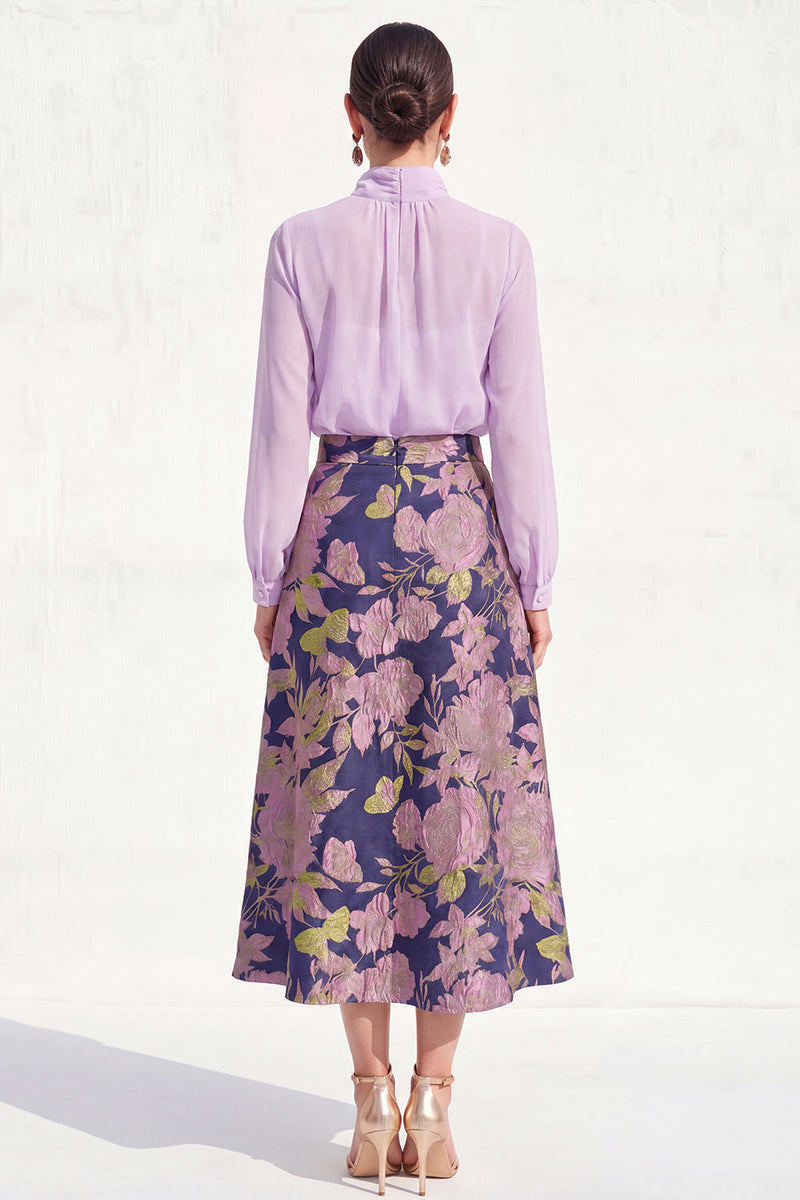 Load image into Gallery viewer, High Neck Purple Floral A Line Long Mother of the Bride Dress with Sleeves