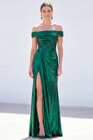 Load image into Gallery viewer, Dark Green Metallic Ruched Mermaid Long Mother of the Bride Dress with Slit