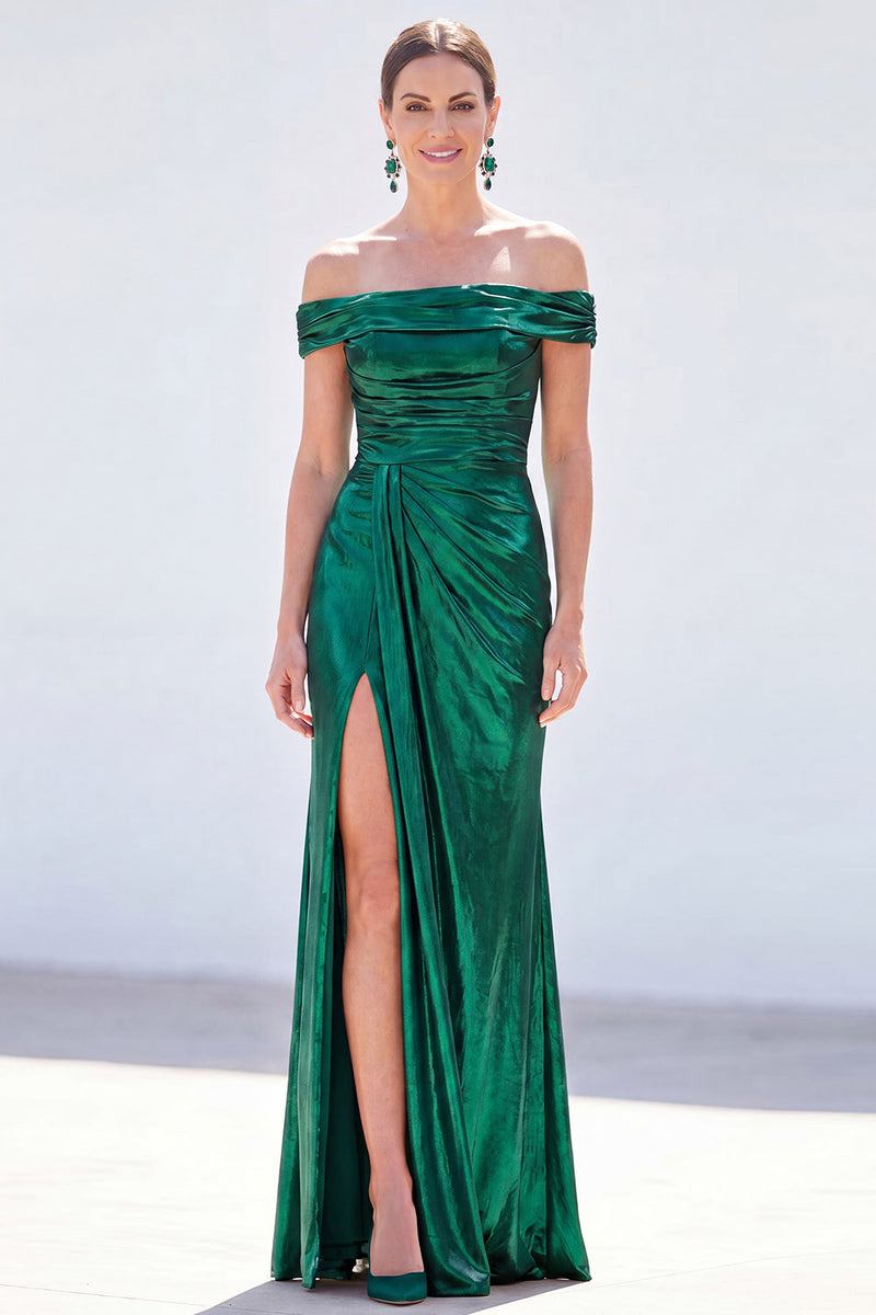 Load image into Gallery viewer, Dark Green Metallic Ruched Mermaid Long Mother of the Bride Dress with Slit