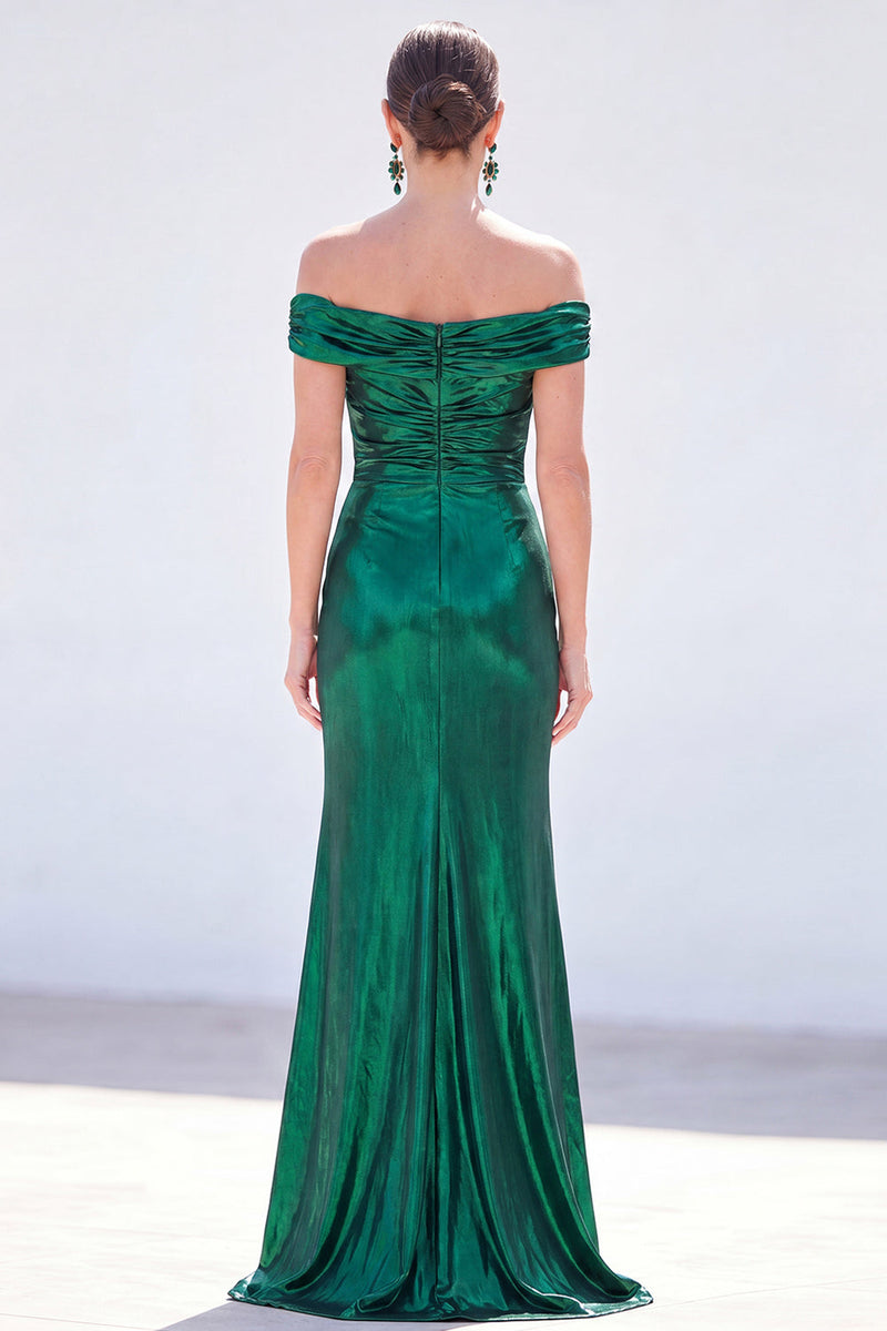 Load image into Gallery viewer, Dark Green Metallic Ruched Mermaid Long Mother of the Bride Dress with Slit