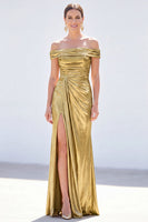 Load image into Gallery viewer, Dark Green Metallic Ruched Mermaid Long Mother of the Bride Dress with Slit