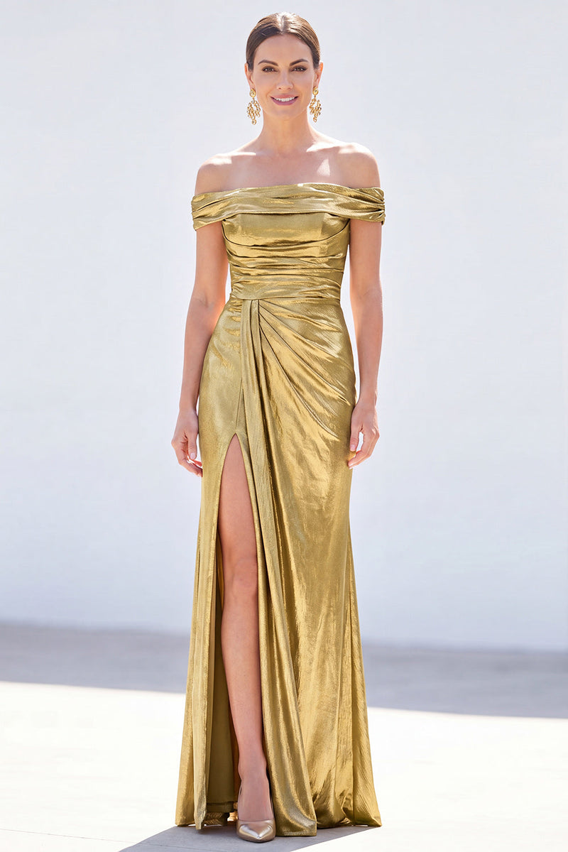 Load image into Gallery viewer, Dark Green Metallic Ruched Mermaid Long Mother of the Bride Dress with Slit