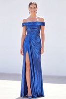 Load image into Gallery viewer, Dark Green Metallic Ruched Mermaid Long Mother of the Bride Dress with Slit