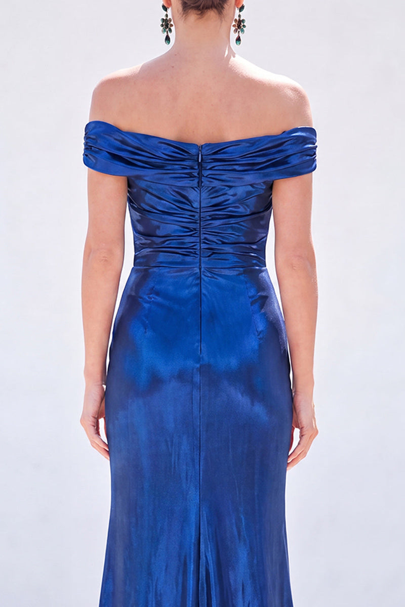 Load image into Gallery viewer, Dark Green Metallic Ruched Mermaid Long Mother of the Bride Dress with Slit