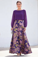 Load image into Gallery viewer, Dark Purple Floral Boat Neck A Line Long Mother of the Bride Dress with Sleeves