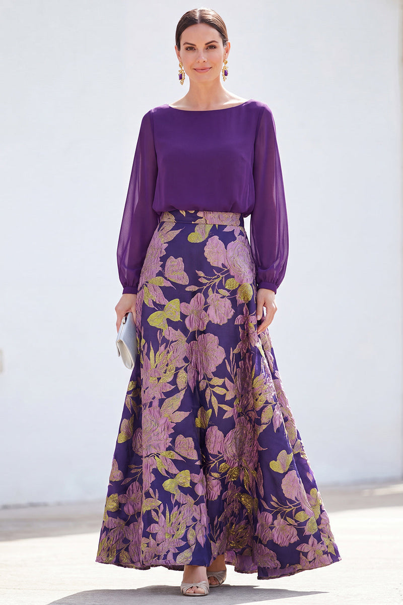 Load image into Gallery viewer, Dark Purple Floral Boat Neck A Line Long Mother of the Bride Dress with Sleeves