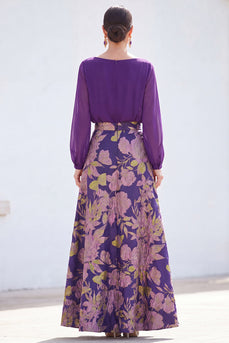 Dark Purple Floral Boat Neck A Line Long Mother of the Bride Dress with Sleeves