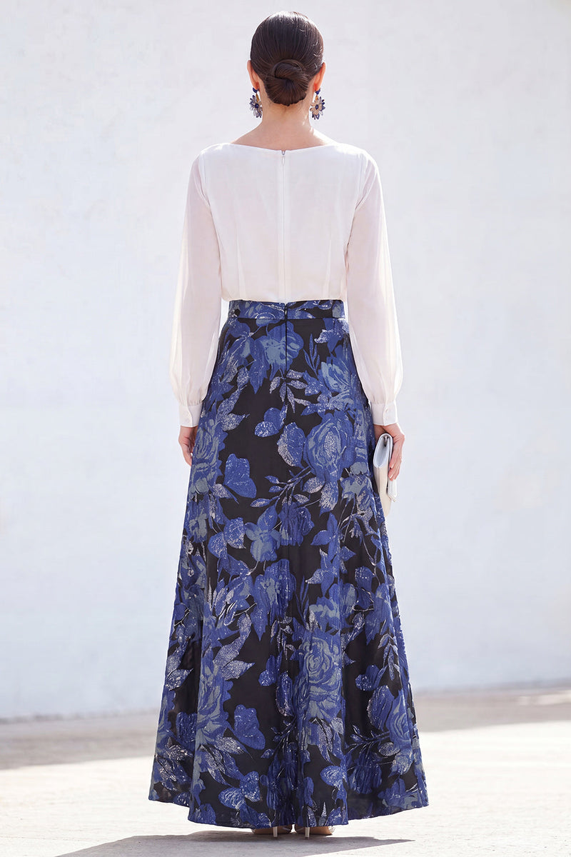 Load image into Gallery viewer, Dark Purple Floral Boat Neck A Line Long Mother of the Bride Dress with Sleeves