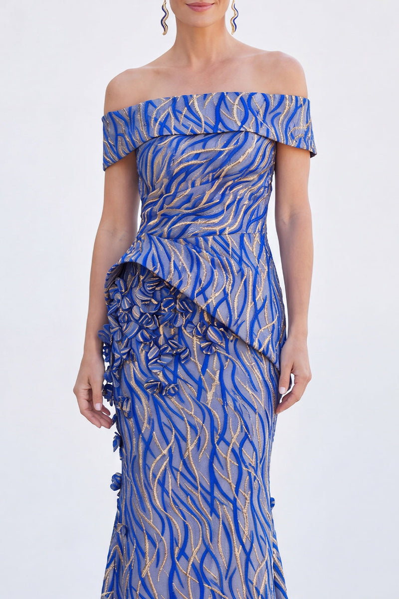 Load image into Gallery viewer, Royal Blue Off The Shoulder Mermaid Long Mother of the Bride Dress with 3D Flowers