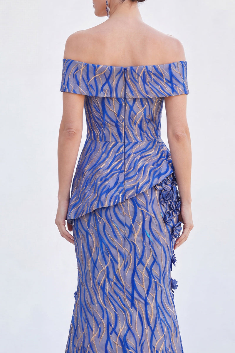 Load image into Gallery viewer, Royal Blue Off The Shoulder Mermaid Long Mother of the Bride Dress with 3D Flowers