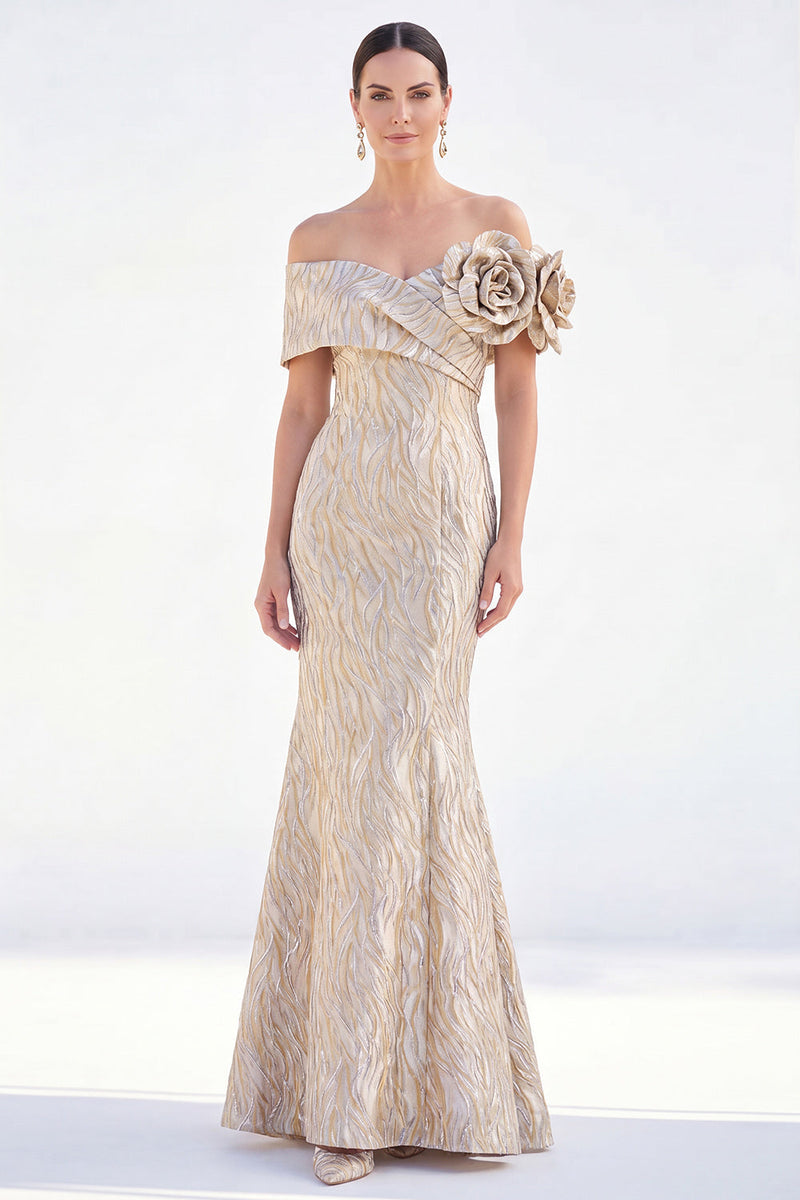 Load image into Gallery viewer, Golden Off The Shoulder Mermaid Long Mother of the Bride Dress with 3D Flowers