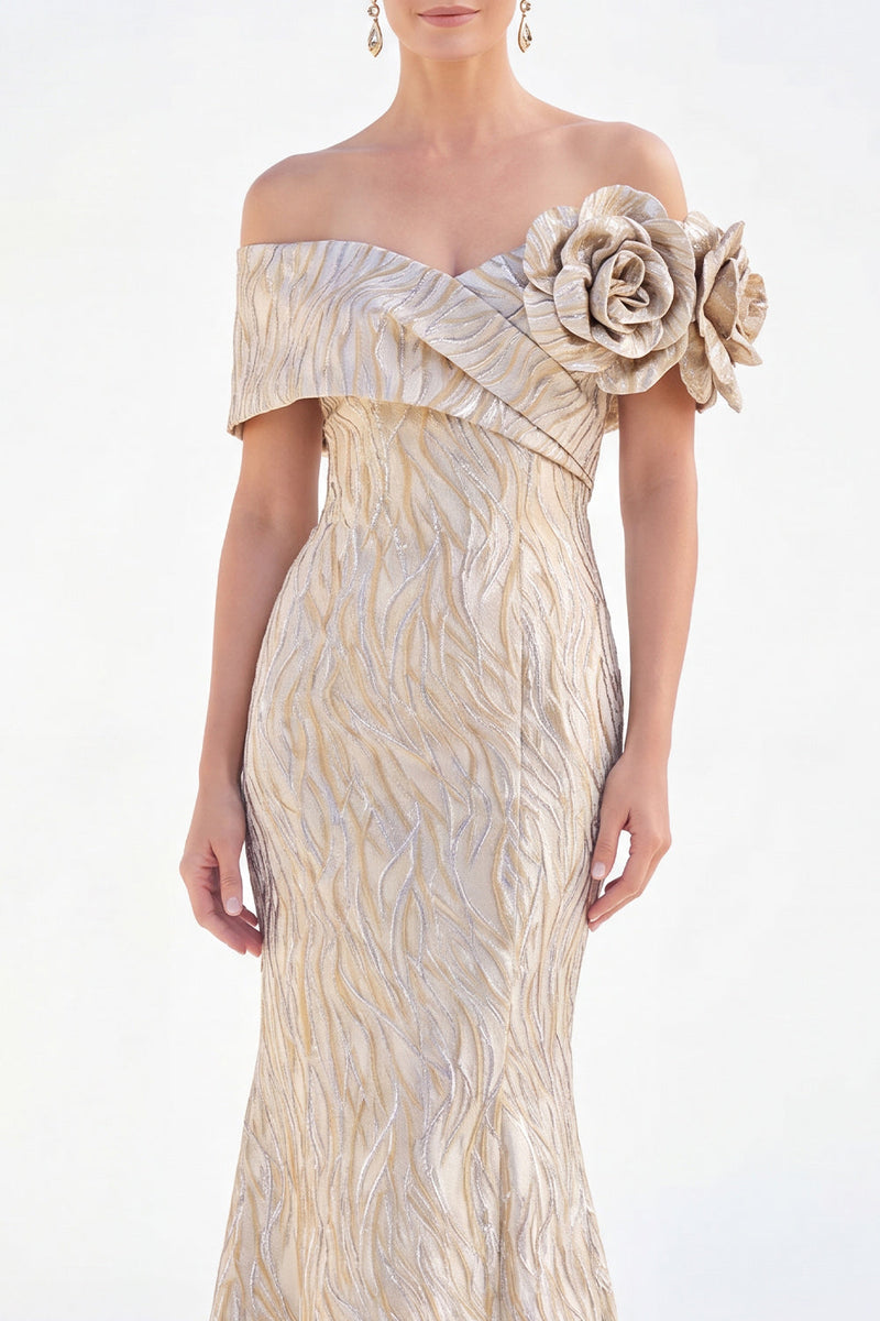 Load image into Gallery viewer, Golden Off The Shoulder Mermaid Long Mother of the Bride Dress with 3D Flowers