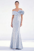 Load image into Gallery viewer, Golden Off The Shoulder Mermaid Long Mother of the Bride Dress with 3D Flowers