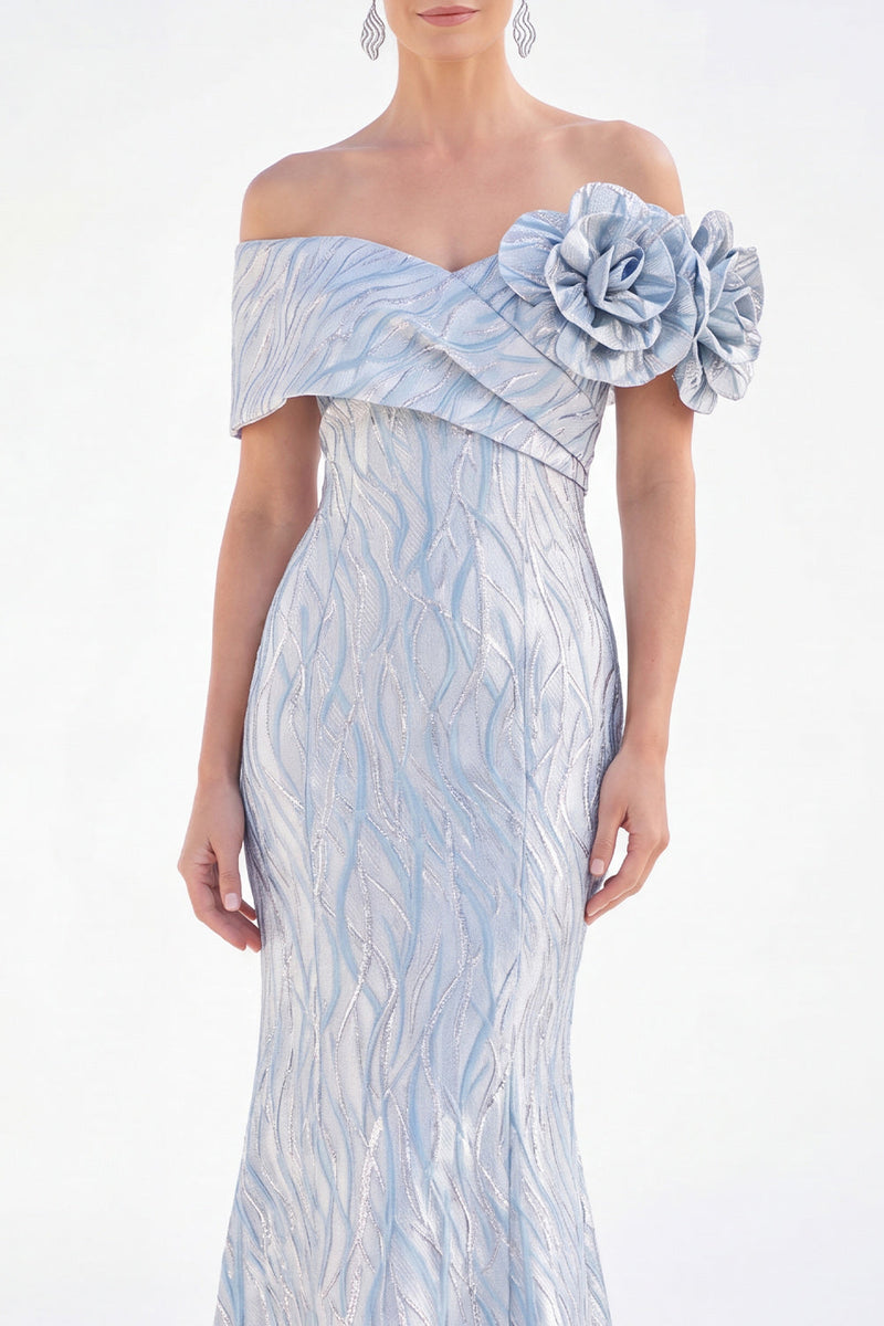 Load image into Gallery viewer, Golden Off The Shoulder Mermaid Long Mother of the Bride Dress with 3D Flowers