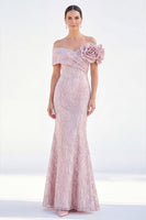 Load image into Gallery viewer, Golden Off The Shoulder Mermaid Long Mother of the Bride Dress with 3D Flowers