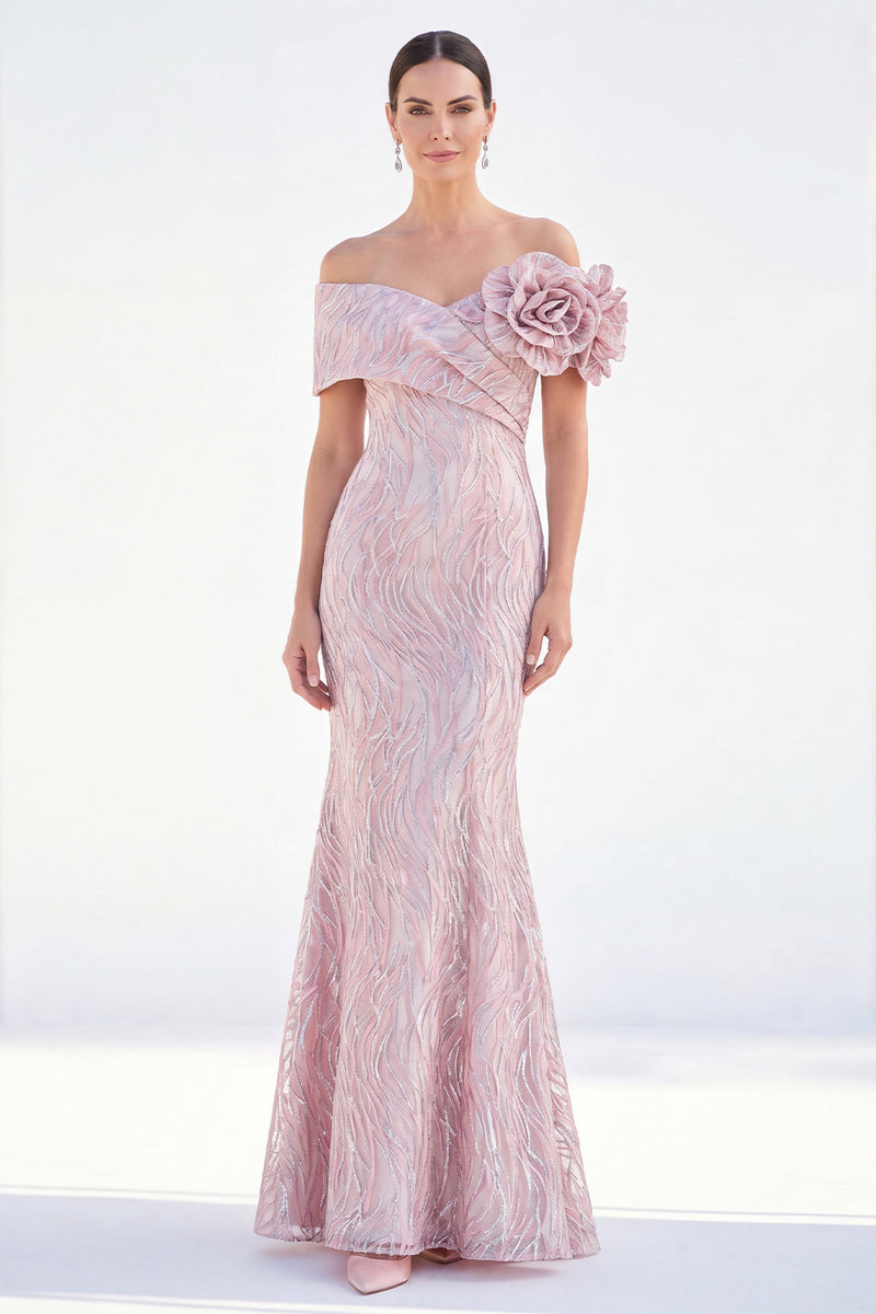 Load image into Gallery viewer, Golden Off The Shoulder Mermaid Long Mother of the Bride Dress with 3D Flowers