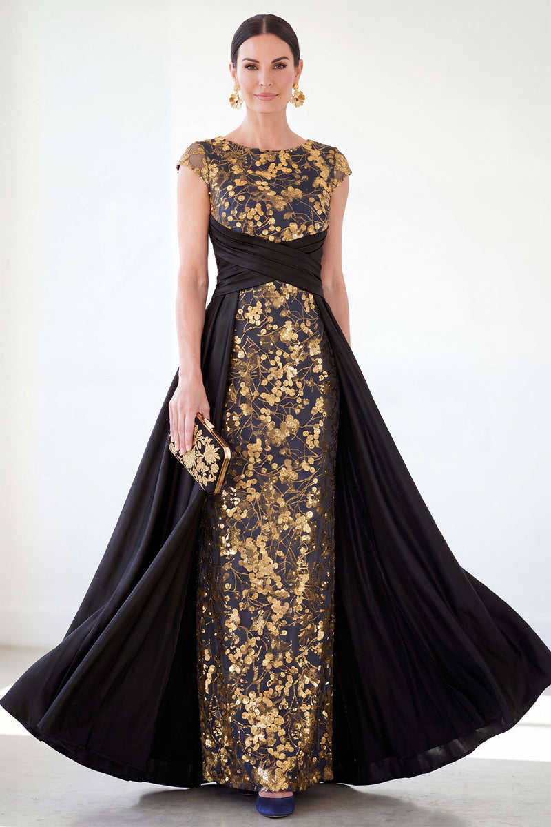 Load image into Gallery viewer, Sparkly Floral Black Gold Ruched Sequins Sheath Long Mother of the Bride Dress