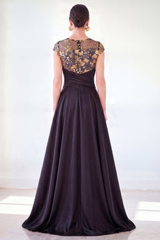 Sparkly Floral Black Gold Ruched Sequins Sheath Long Mother of the Bride Dress