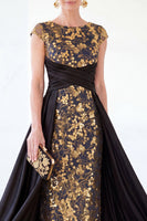 Load image into Gallery viewer, Sparkly Floral Black Gold Ruched Sequins Sheath Long Mother of the Bride Dress